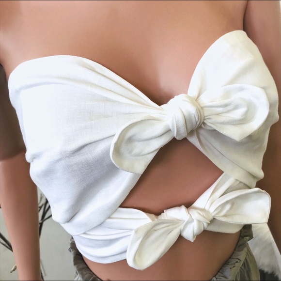 Double Knot Front Tie Linen White Crop Top - Picture 6 of 10